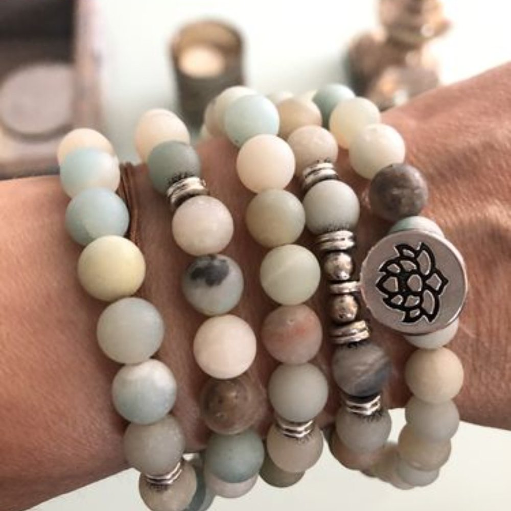 Amazonite 108 Mala Beads Healing Meditation Women Lotus Bracelet Necklace Gifts